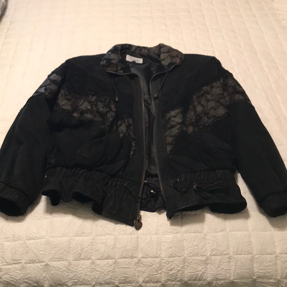 Women's Black Lace-Accent Leather Jacket